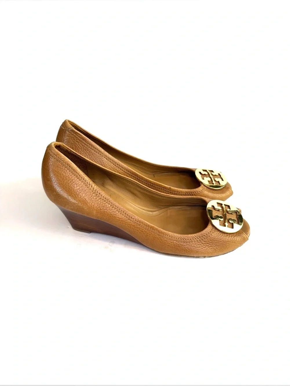 Tory Burch ‘Sally’ Brown Leather Peep Toe Wedges Women Size 13 M Gold Medallion